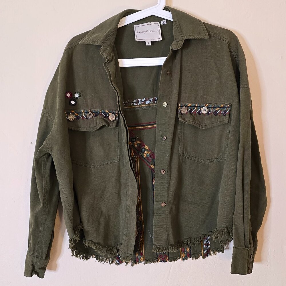 Beautiful Stories Army green cropped embroidered jacket - boutique, unique